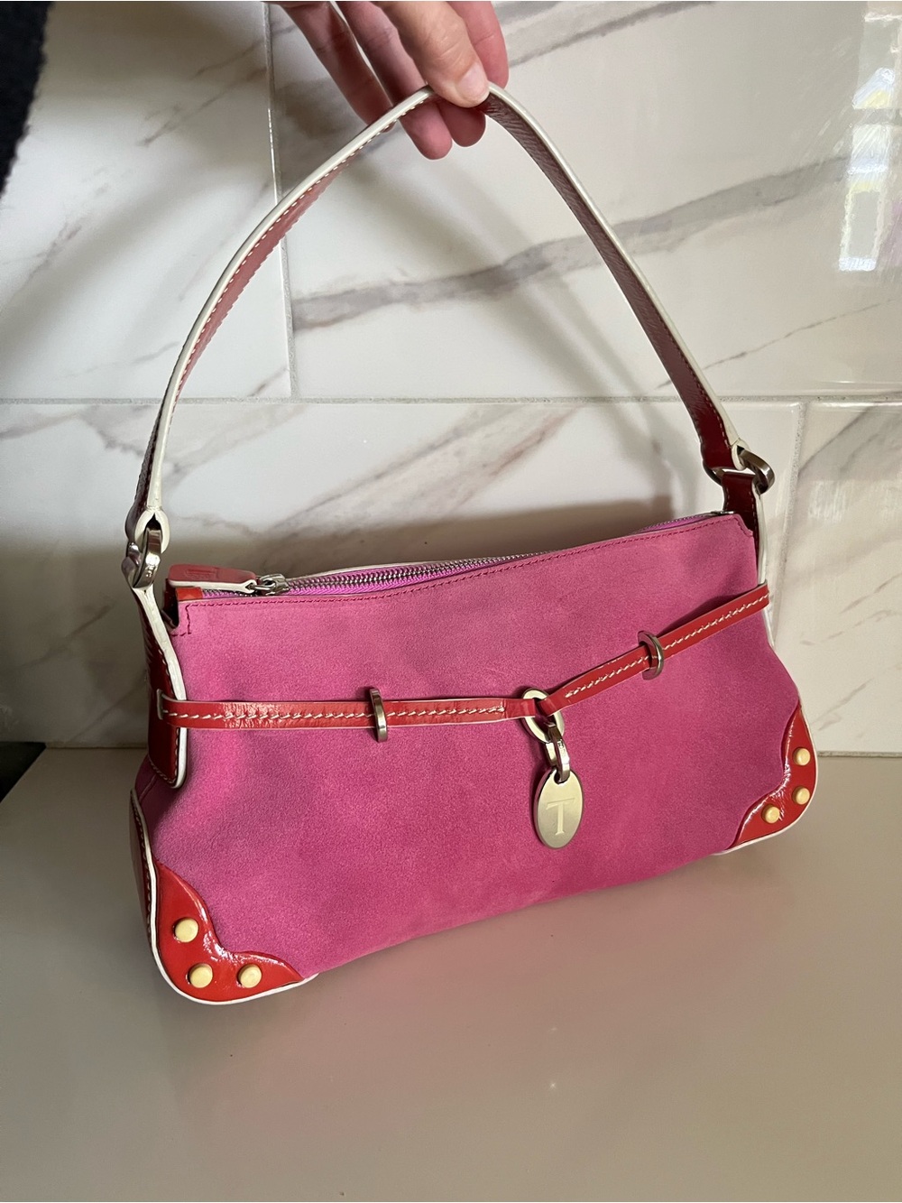 Y2K Tod’s Pink Suede Shoulder Bag with Contrast Trim